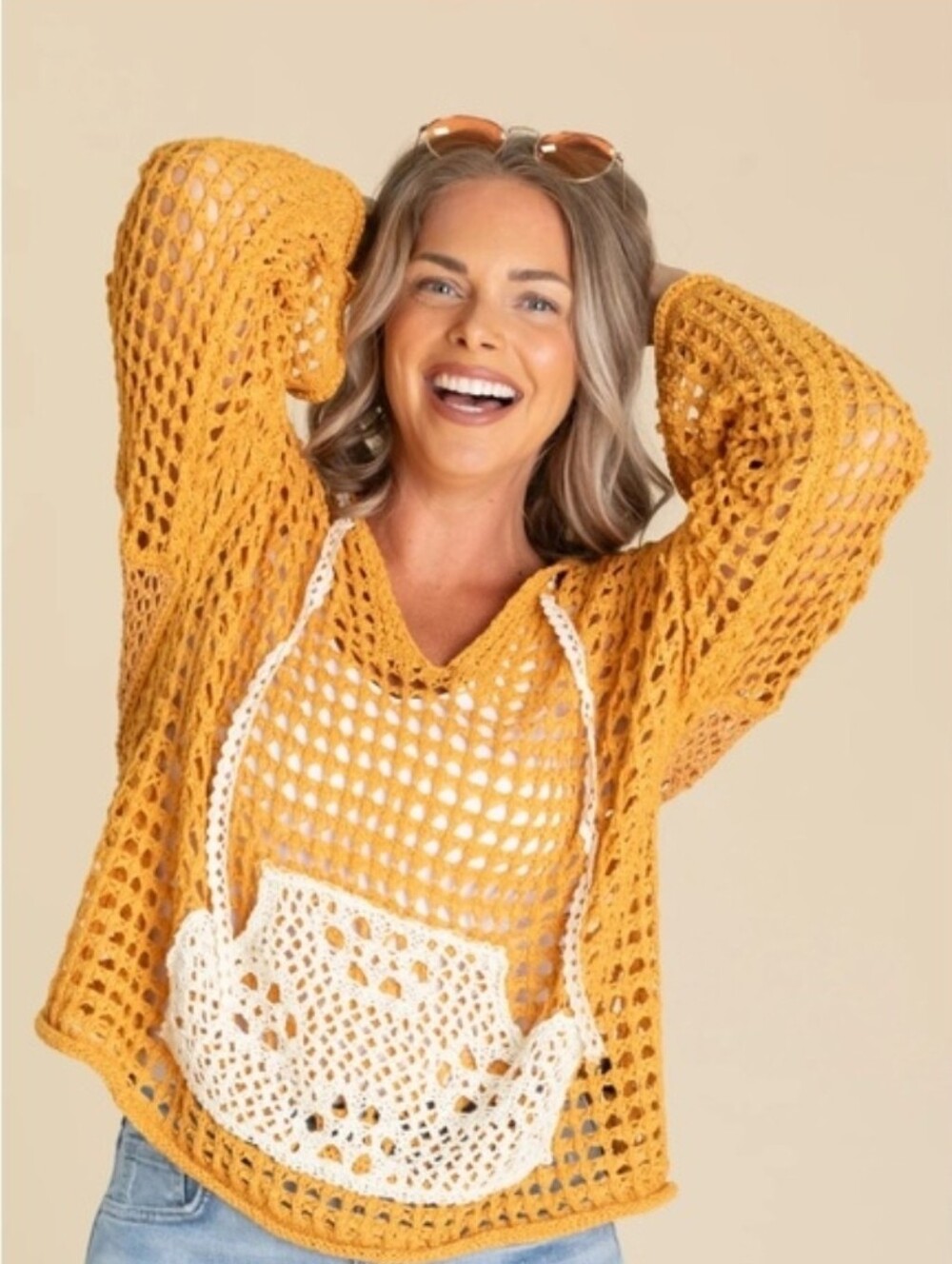 POL Mustard Yellow Crochet Knit Sweater with White Accent Sz Small